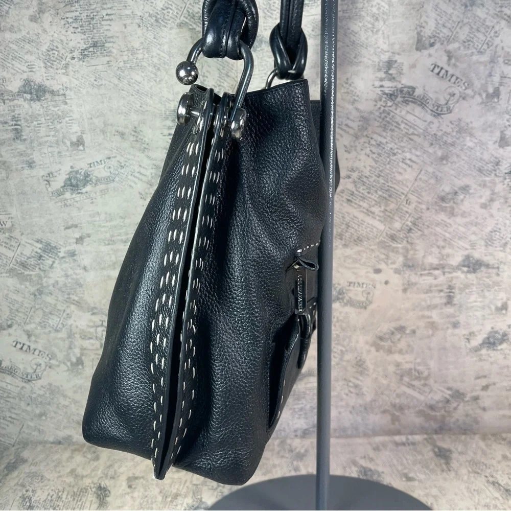 BCBGMaxAzria Black Genuine Pebbled Leather Shoulder Bag Silver Hardware Designer